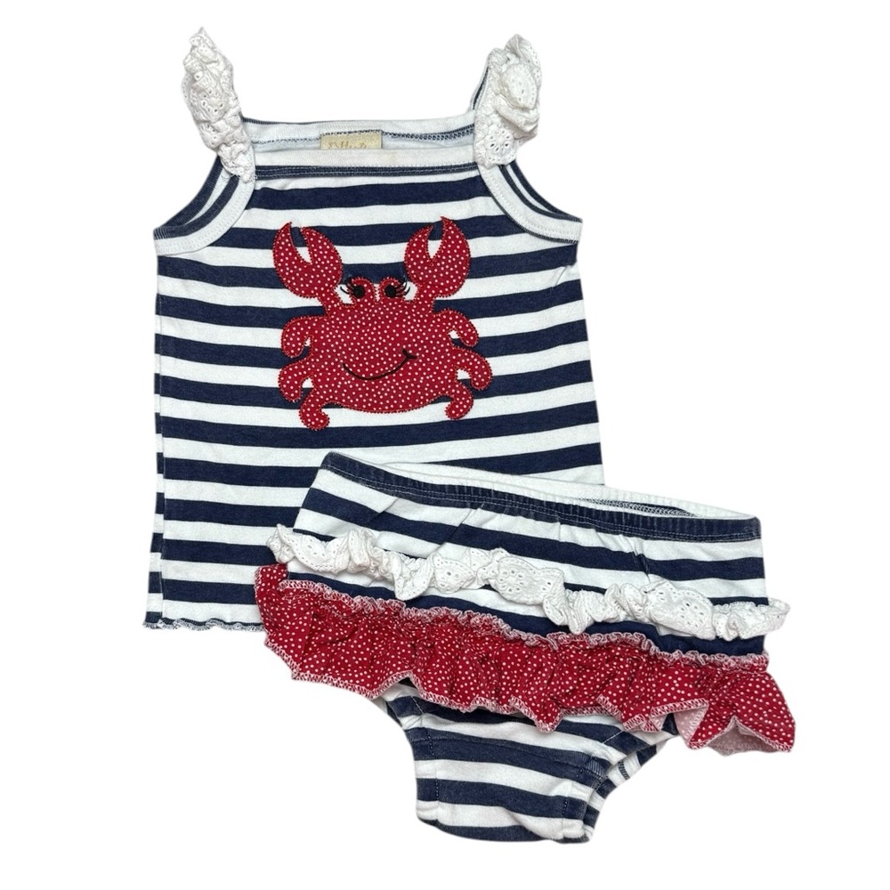 Haute Baby Nautical Crab Appliqué Ruffle Outfit 2 Pcs Blue White Red 12 Mon